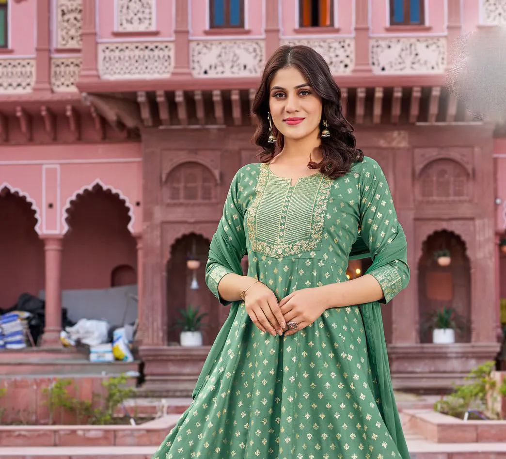 Alluring Green Color Rayon Neck Embroidery Work Salwar Suits With Dupatta For Women