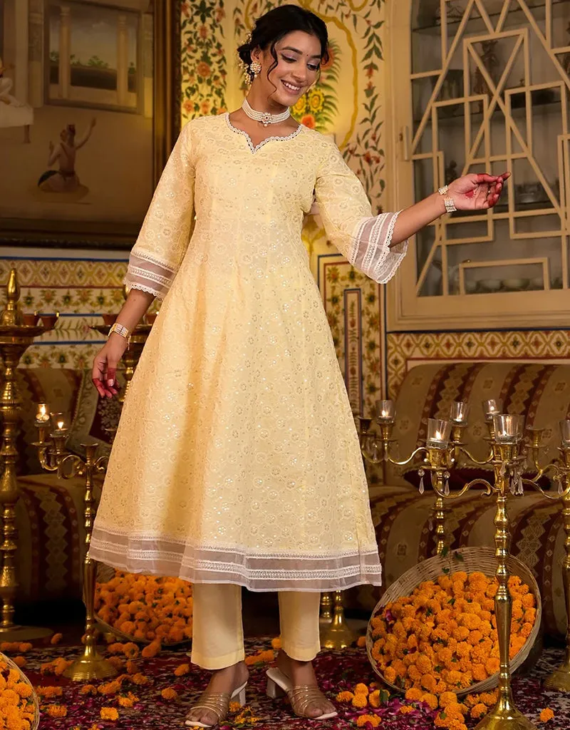 Anarkali Kurta Trouser With Dupatta Set Yellow Pure Cotton Pant Anarkali
