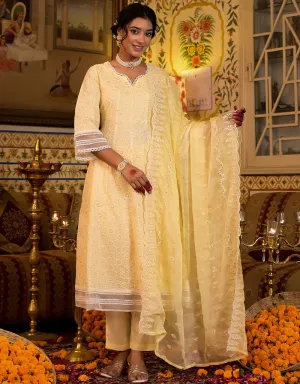 Anarkali Kurta Trouser With Dupatta Set Yellow Pure Cotton Pant Anarkali