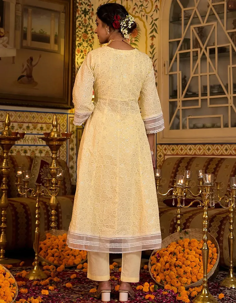Anarkali Kurta Trouser With Dupatta Set Yellow Pure Cotton Pant Anarkali