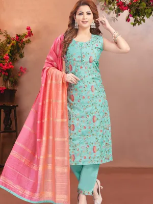 Aqua Blue Trendy Designer Readymade Pant Suit With Embroidery Work