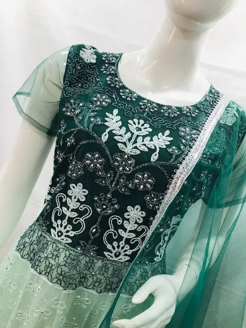 Attractive Green Colored Full Net Embroidery And Sequins Work Kurti With Dupatta Sets