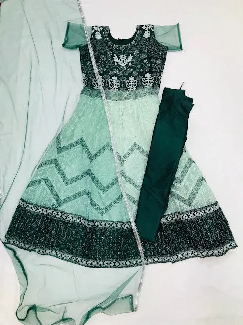 Attractive Green Colored Full Net Embroidery And Sequins Work Kurti With Dupatta Sets