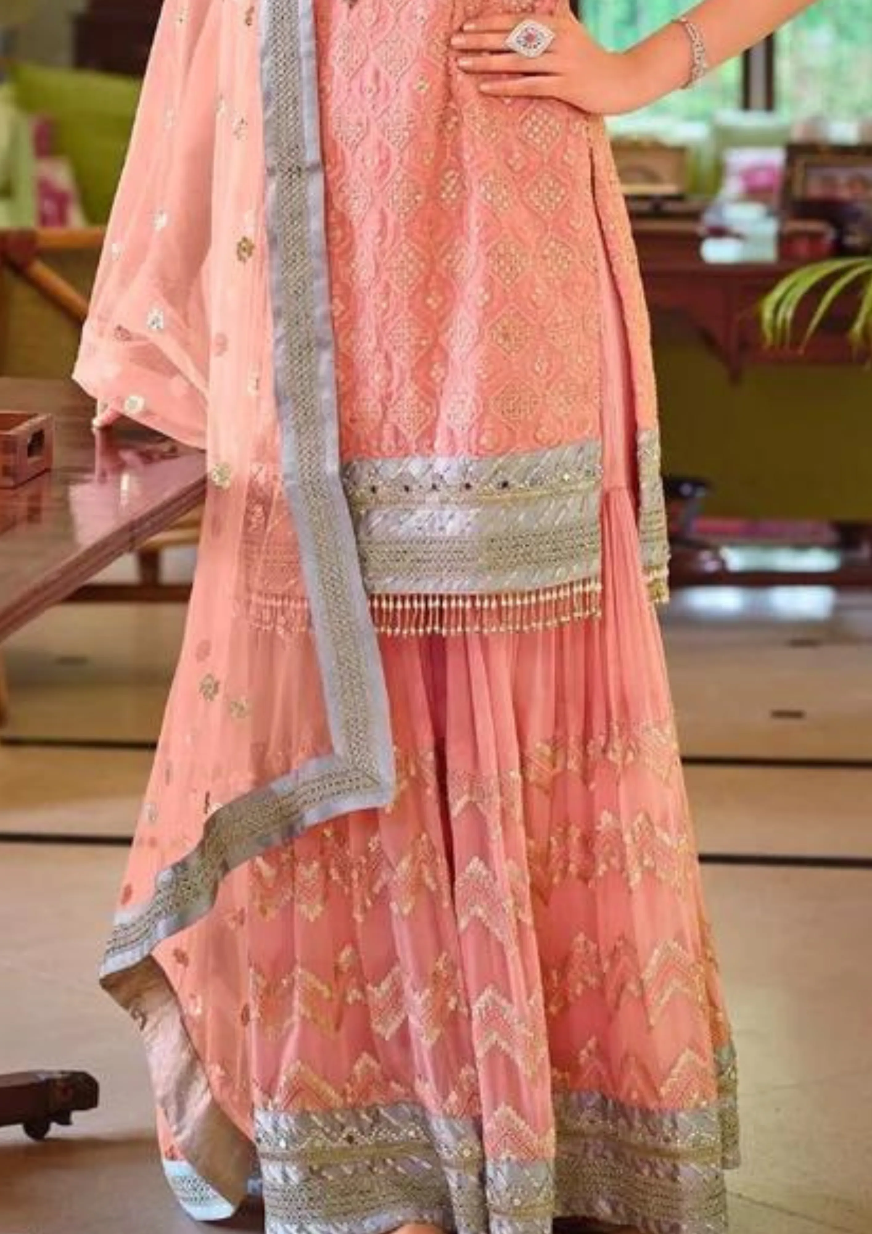Attractive Peach Color Faux Georgette With Fancy Embroidery Work Palazzo Suits With Dupatta