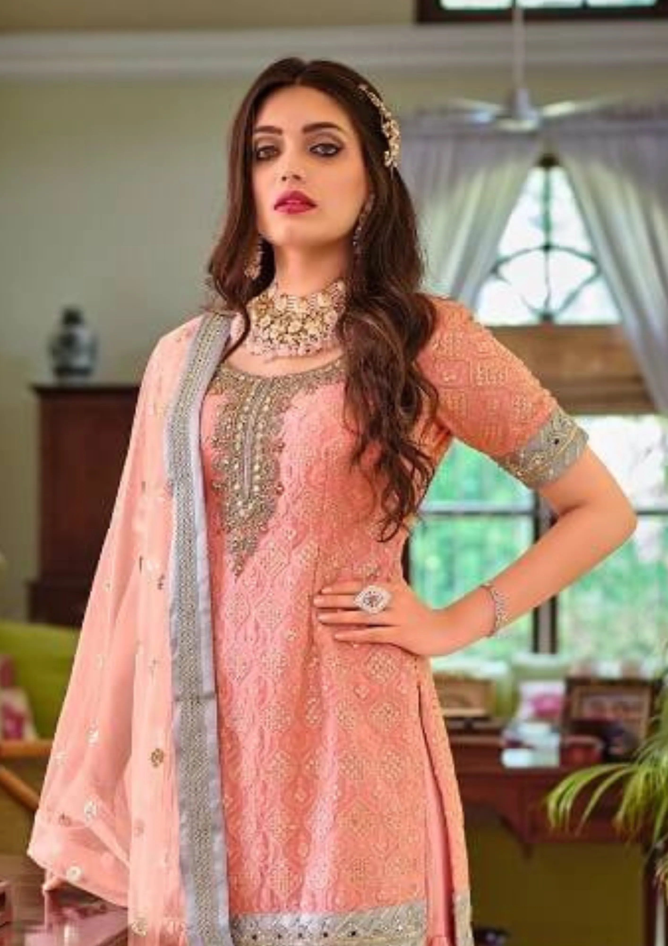 Attractive Peach Color Faux Georgette With Fancy Embroidery Work Palazzo Suits With Dupatta