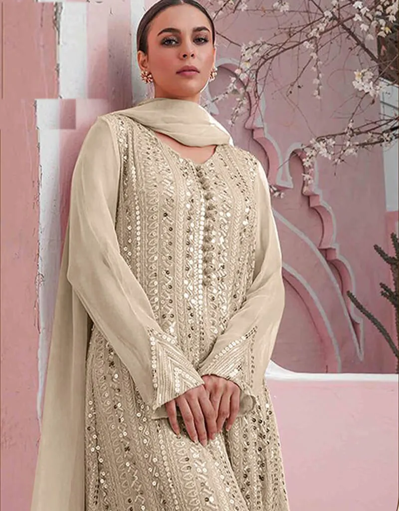 Beige Sharara style Suit Faux Georgette