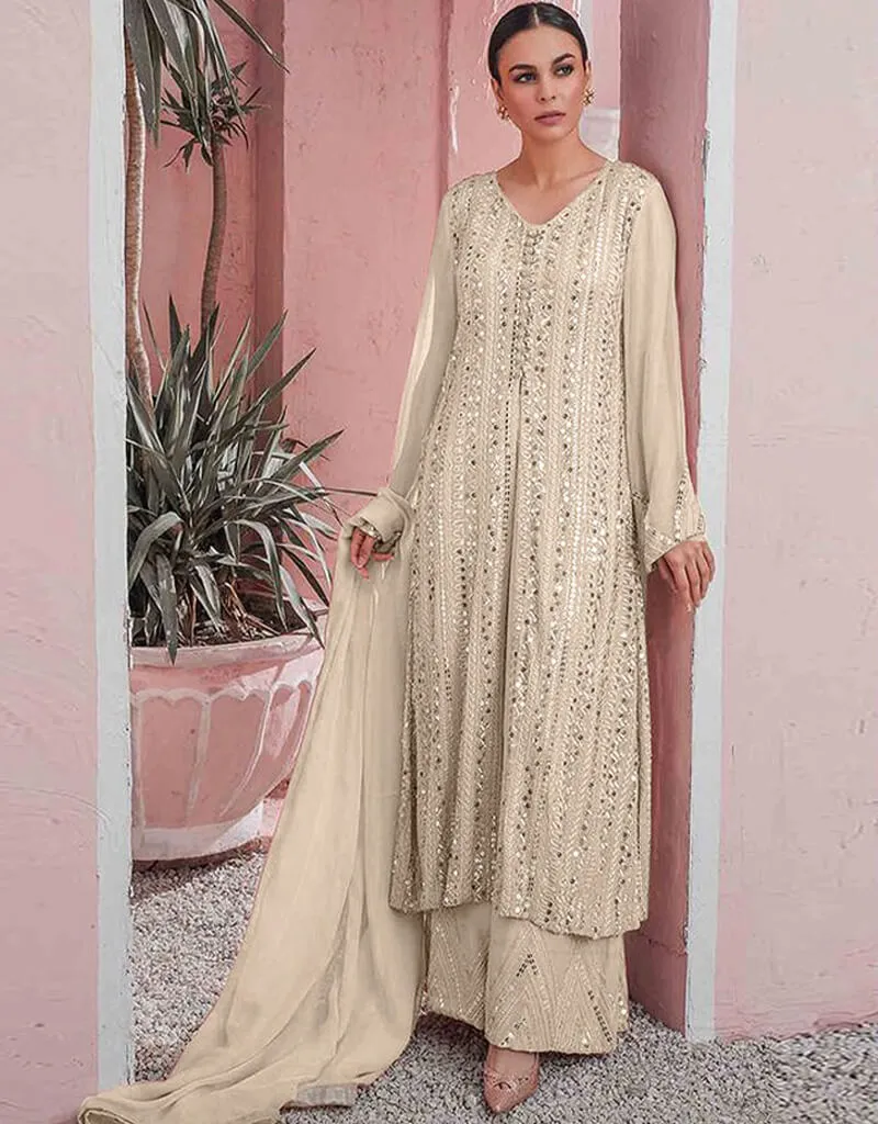 Beige Sharara style Suit Faux Georgette
