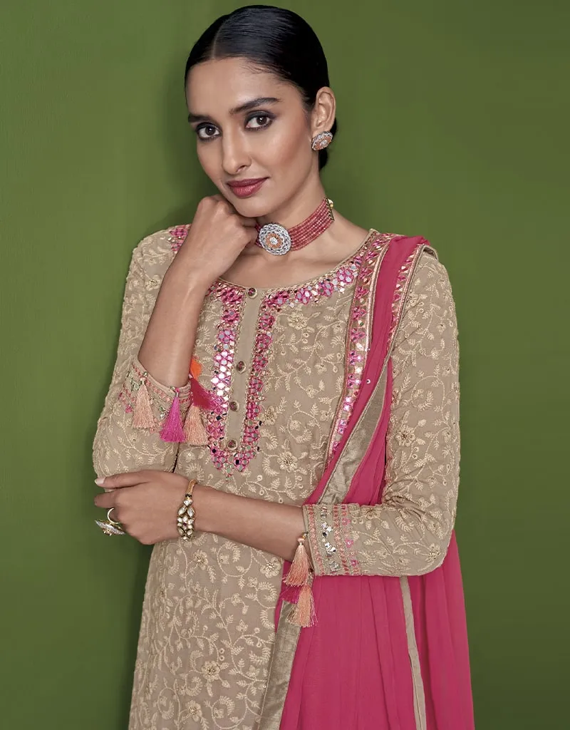 Beige Sharara style Suit Faux Georgette