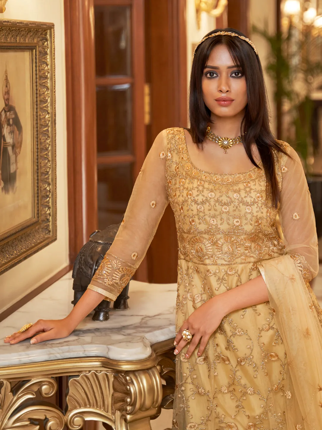Beige Traditional Heavy Semi-Stitched Net Anarkali Suit With Embroidery Work