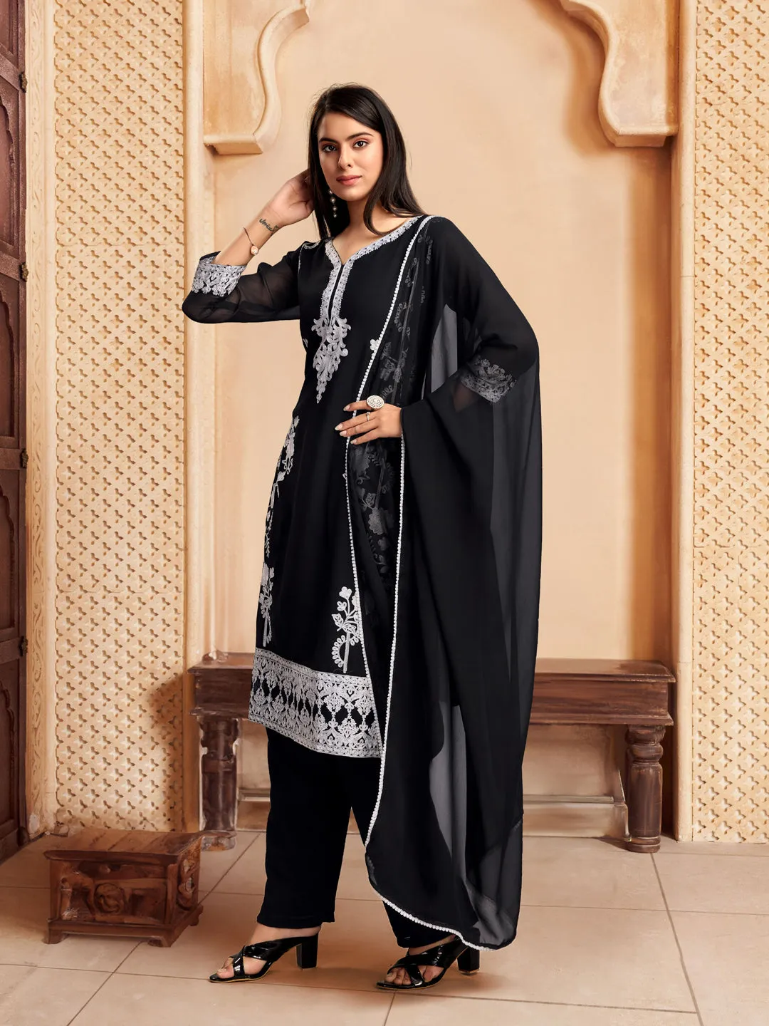 Black Designer Readymade Pant Suit With Lacknowi Chikankari Embroidery Work