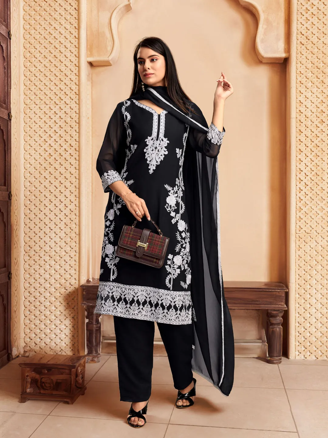 Black Designer Readymade Pant Suit With Lacknowi Chikankari Embroidery Work