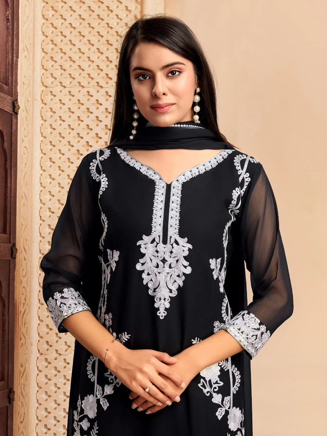 Black Designer Readymade Pant Suit With Lacknowi Chikankari Embroidery Work
