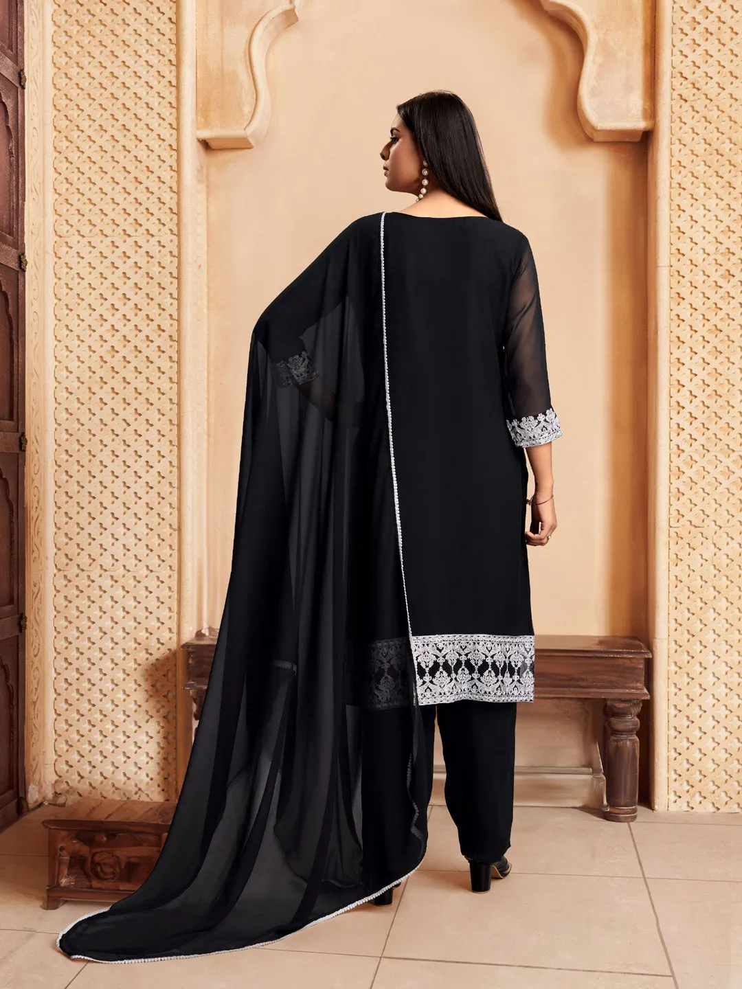 Black Designer Readymade Pant Suit With Lacknowi Chikankari Embroidery Work