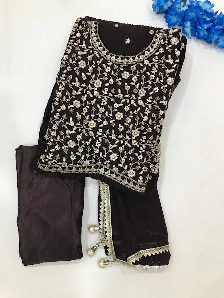 Charming Dark Purple Color Embroidery Work Salwar Suits For Women