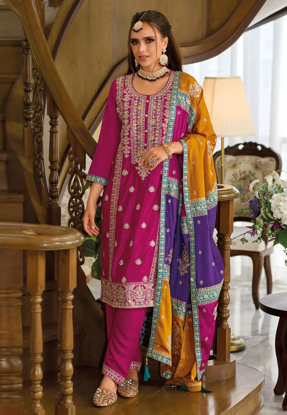Charming Pink Colored Heavy Chinon Embroidery Work Salwar Suits For Women