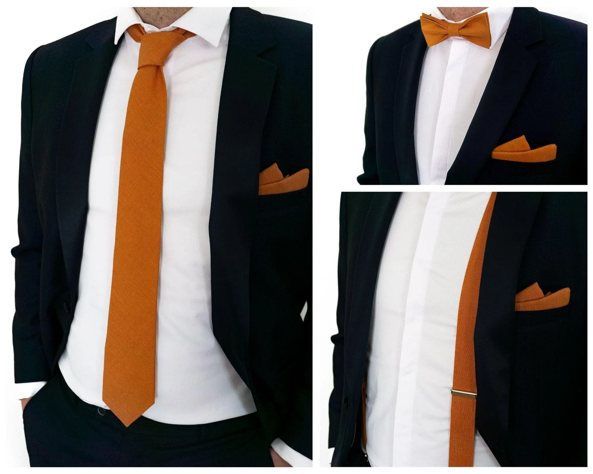Classic Burnt Orange Wedding Tie Set with Regular Tie, Suspenders, and Pocket Square