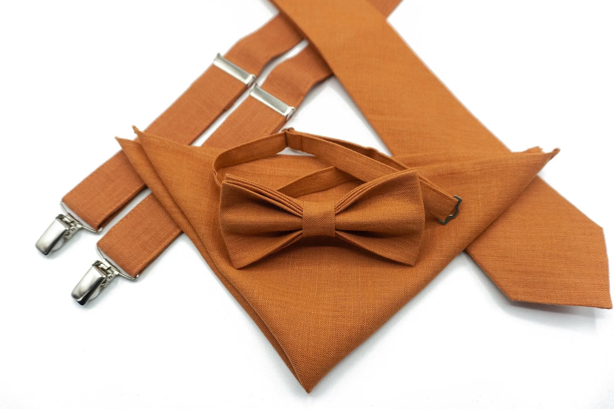 Classic Burnt Orange Wedding Tie Set with Regular Tie, Suspenders, and Pocket Square