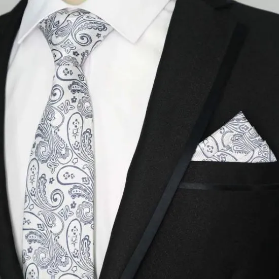 Classy Men White Silver Paisley Silk Tie
