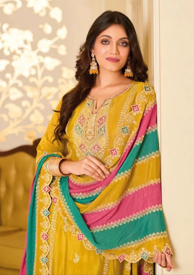 Dazzling Yellow Colored Premium Silk With Embroidery Work Salwar Suits