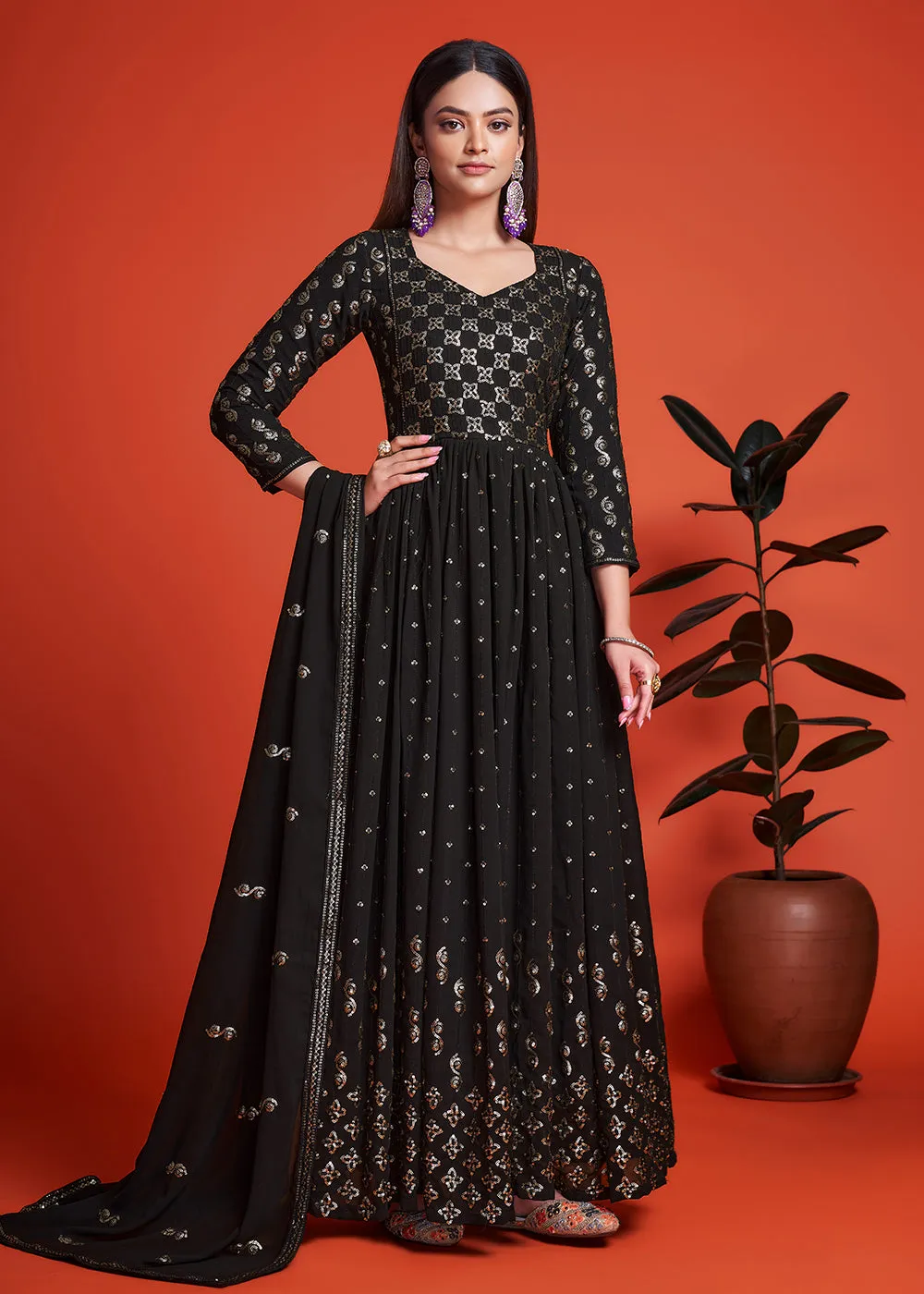 Designer Blooming Georgette Jade Black Long Anarkali Gown
