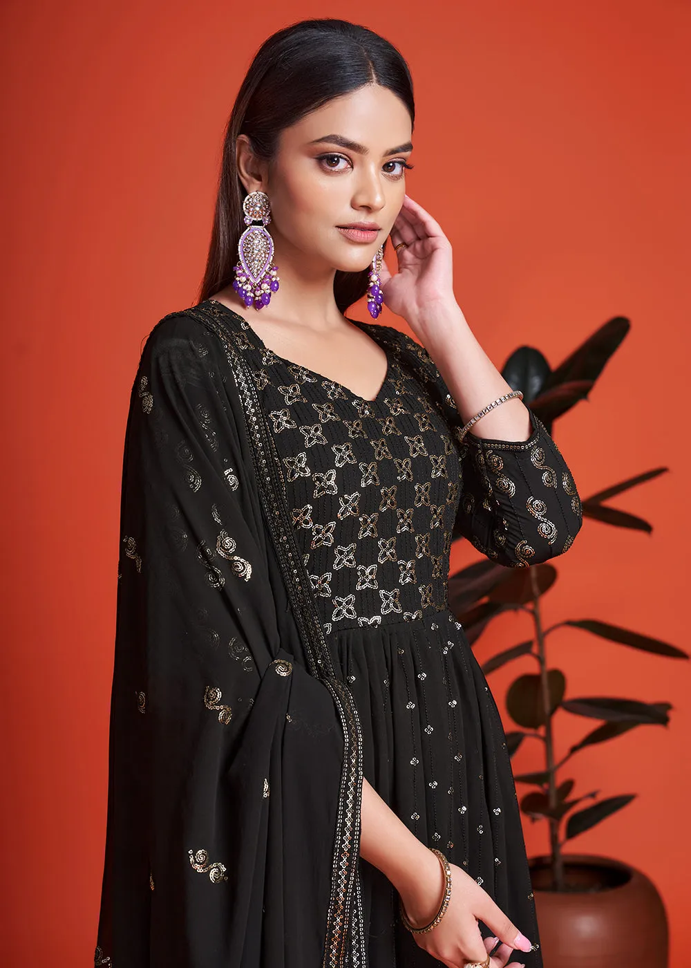 Designer Blooming Georgette Jade Black Long Anarkali Gown