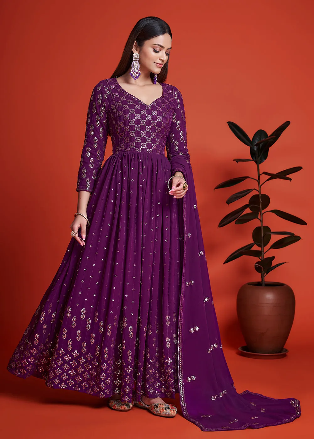 Designer Blooming Georgette Plum Purple Long Anarkali Gown