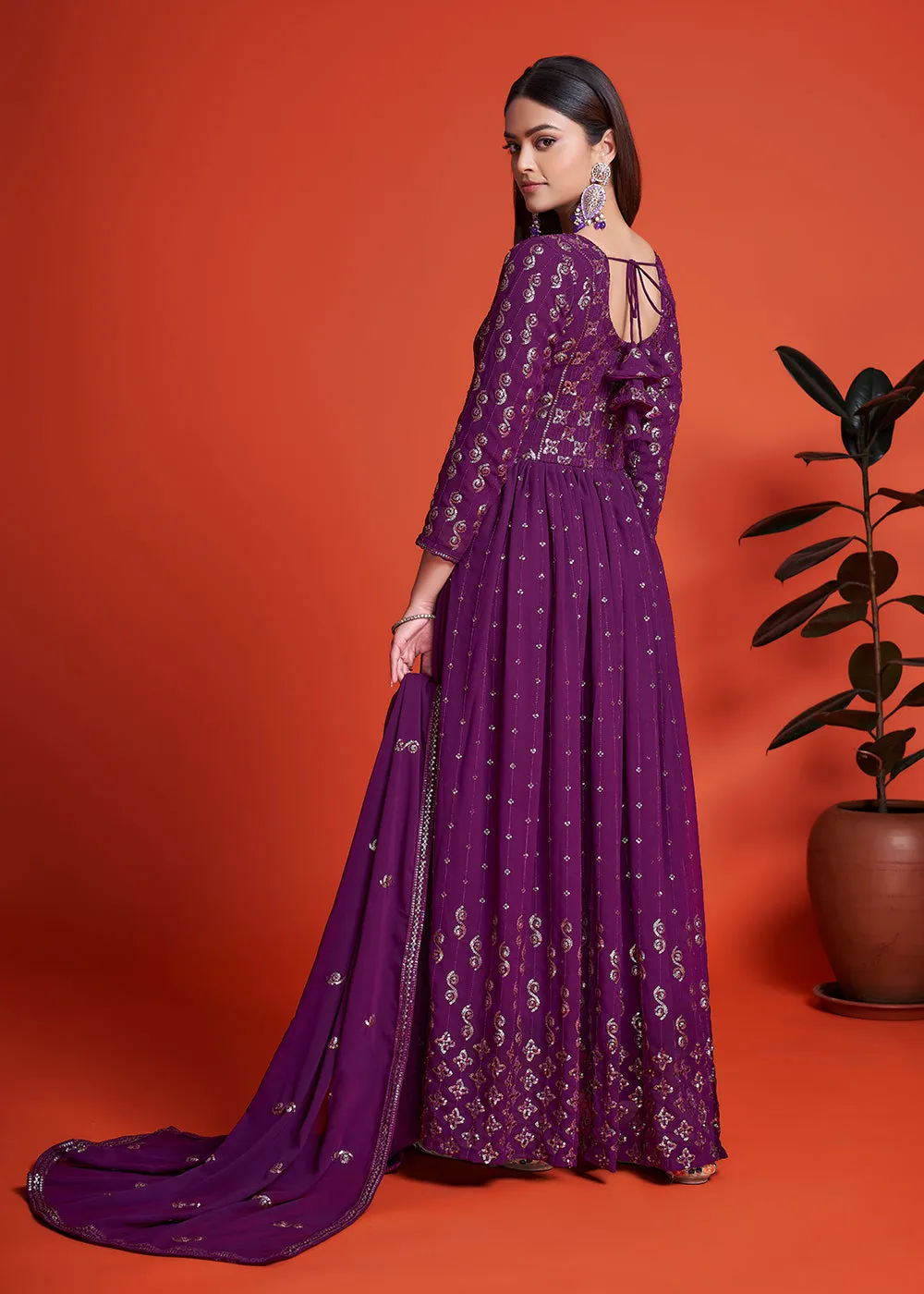 Designer Blooming Georgette Plum Purple Long Anarkali Gown