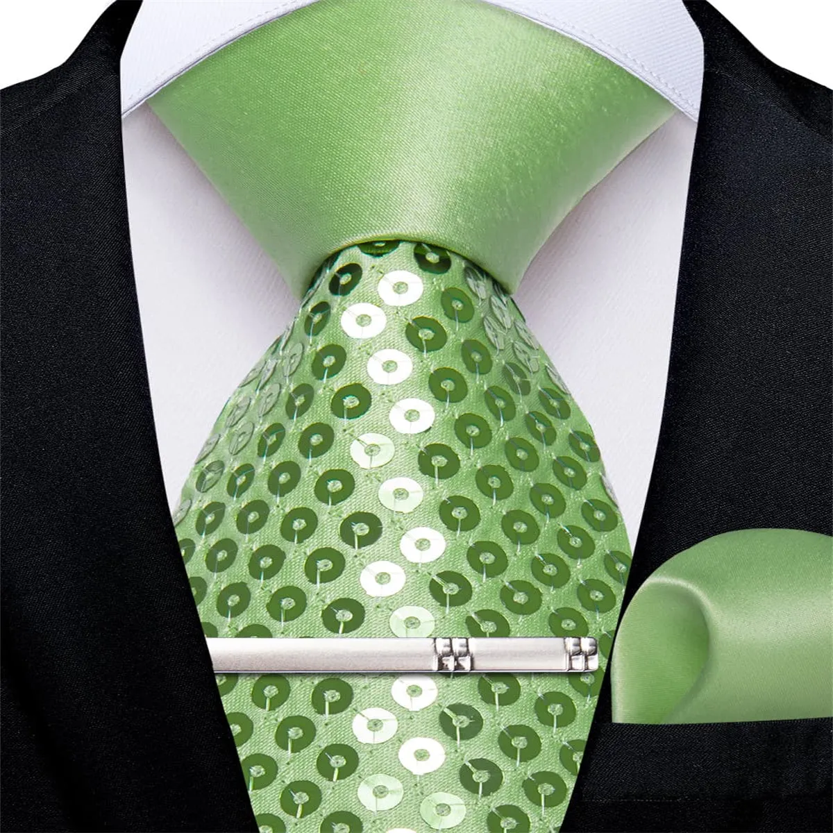 DiBanGu Sequin Tie Apple Green Solid Mens Dress Tie Pocket Square Set for Party