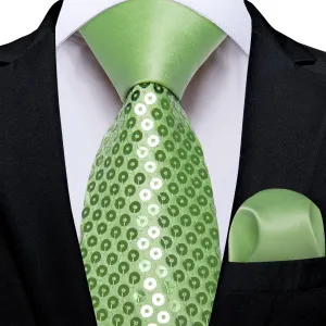 DiBanGu Sequin Tie Apple Green Solid Mens Dress Tie Pocket Square Set for Party
