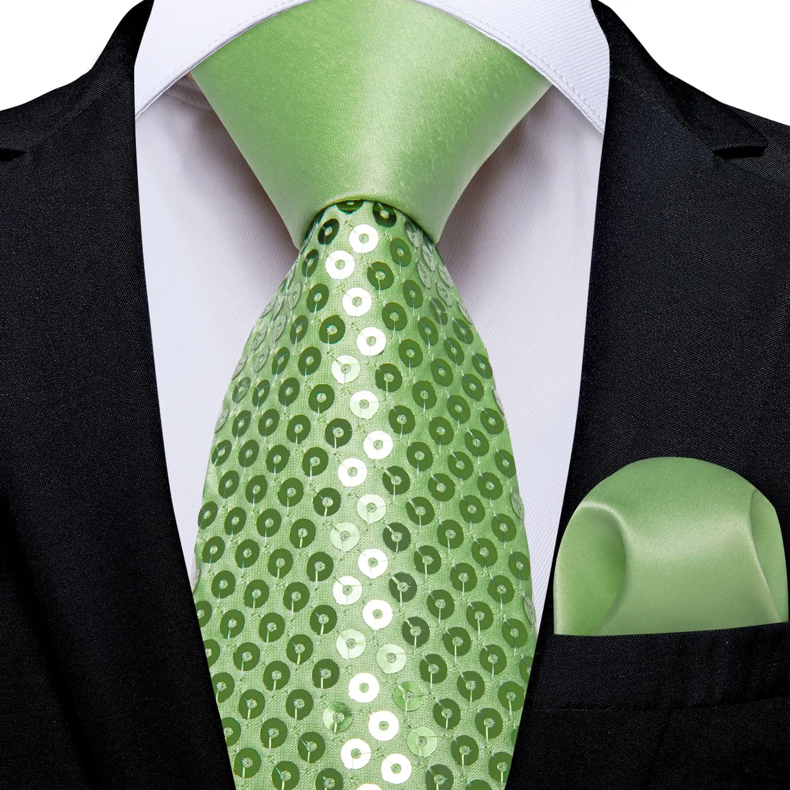 DiBanGu Sequin Tie Apple Green Solid Mens Dress Tie Pocket Square Set for Party