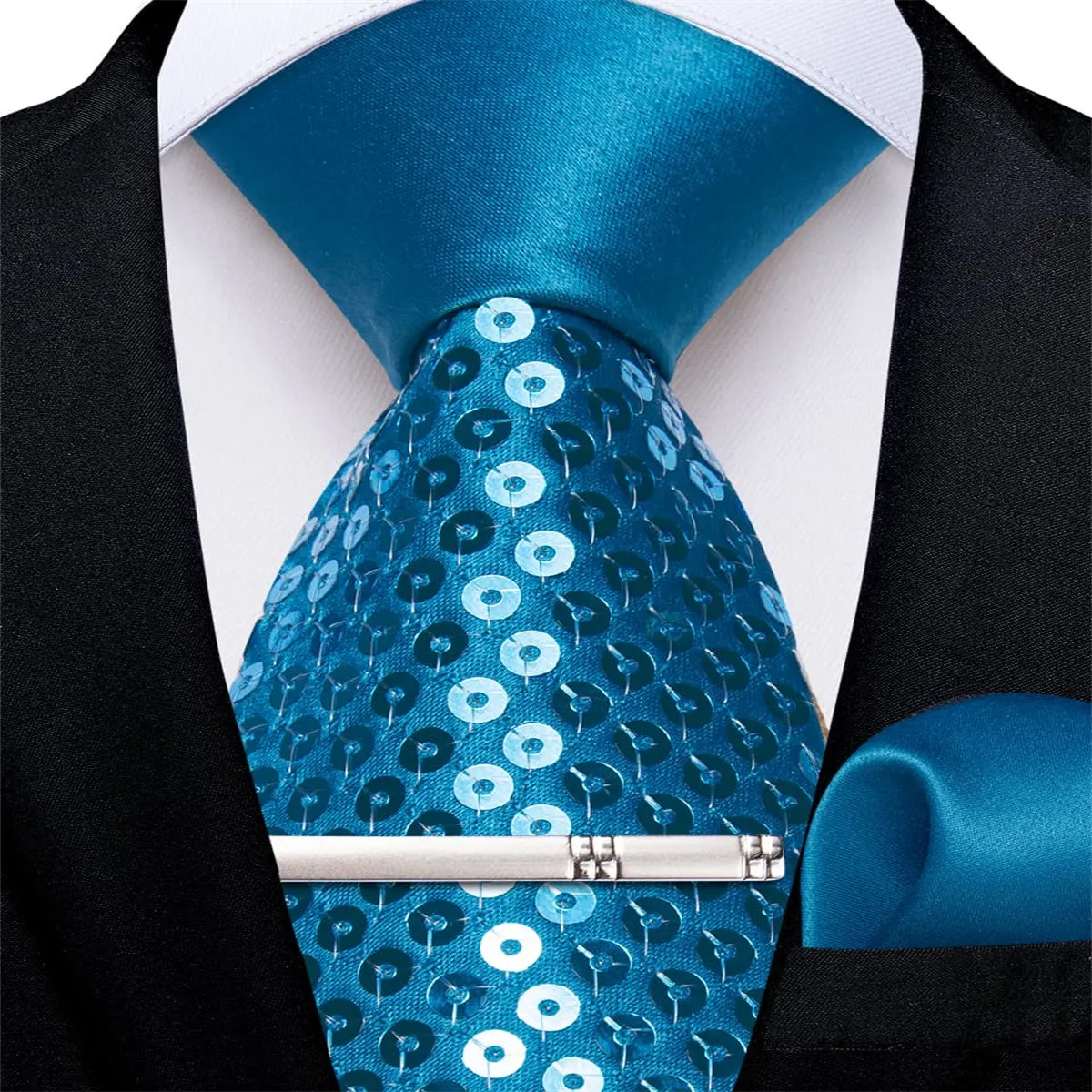 DiBanGu Sequin Tie Steel Blue Solid Mens Dress Tie Pocket Square Set for Fashion