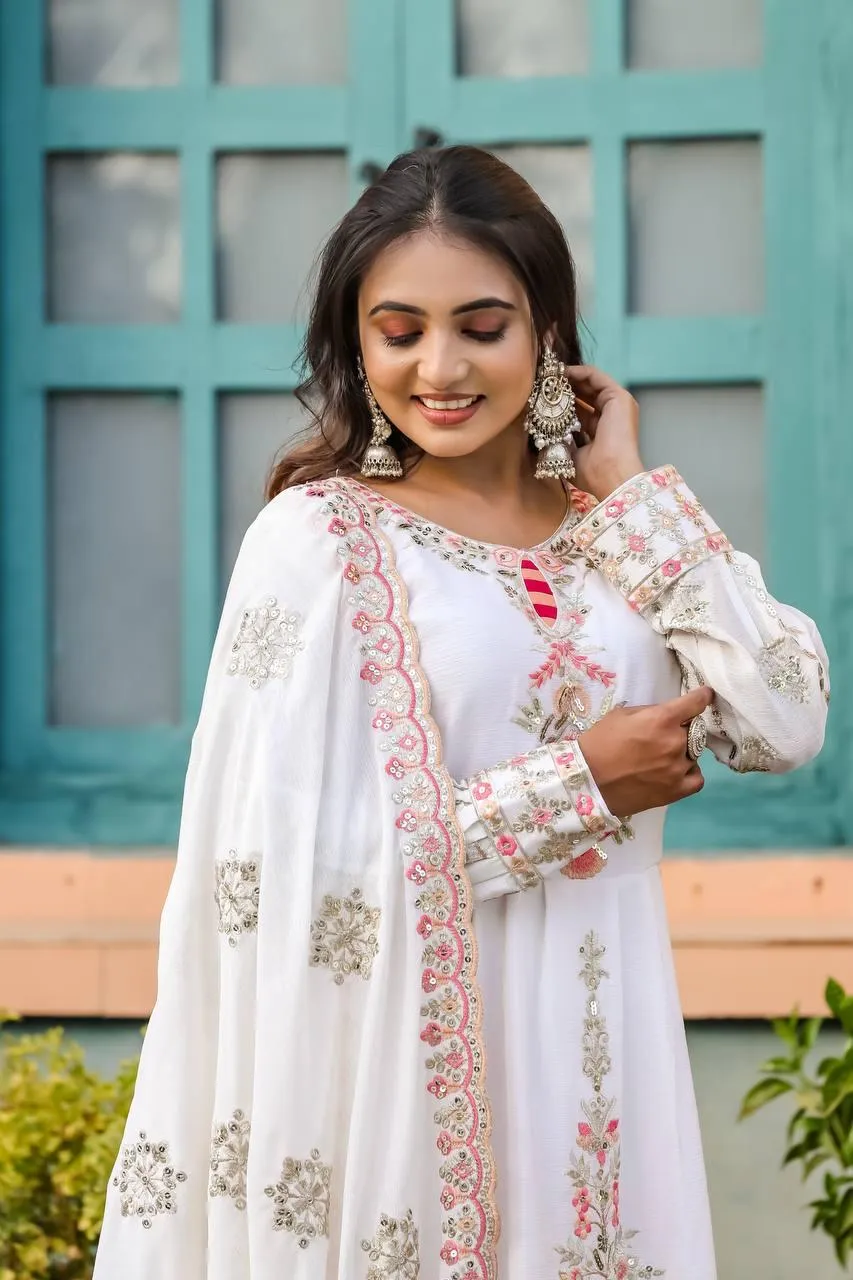 Elegant Pure Chinnon Heavy Embroidery Sequins Work Top-Bottom And Dupatta Set
