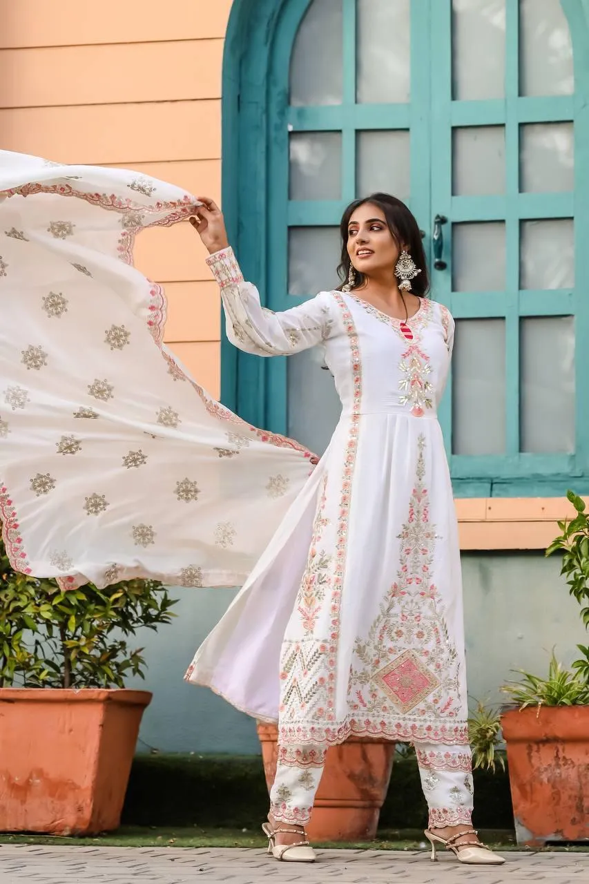 Elegant Pure Chinnon Heavy Embroidery Sequins Work Top-Bottom And Dupatta Set