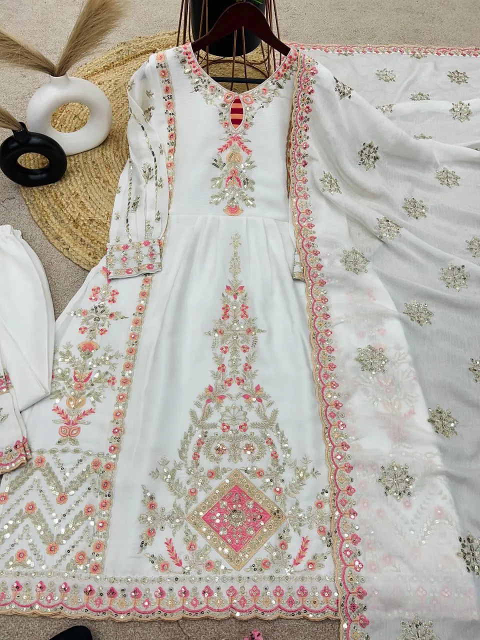 Elegant Pure Chinnon Heavy Embroidery Sequins Work Top-Bottom And Dupatta Set