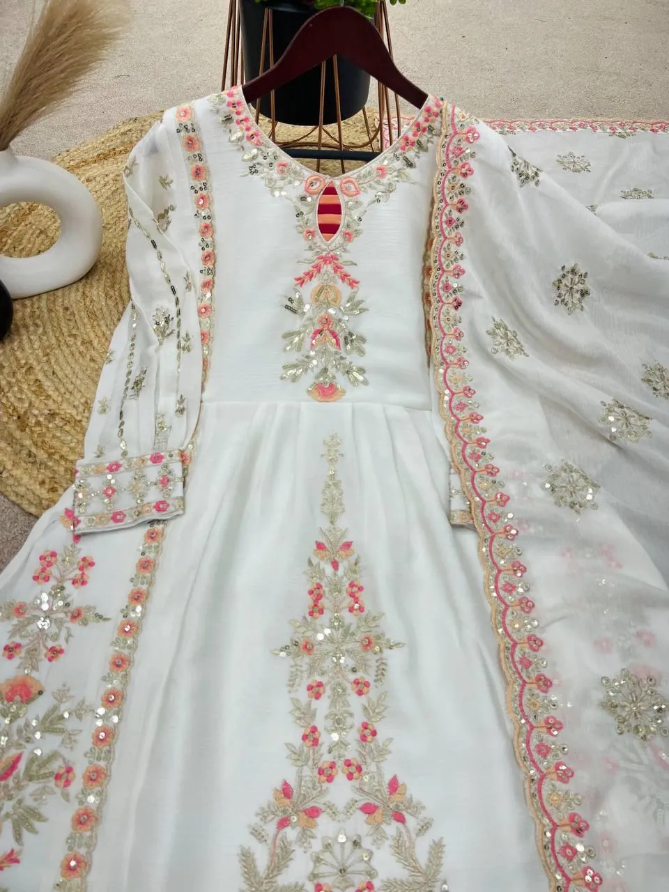 Elegant Pure Chinnon Heavy Embroidery Sequins Work Top-Bottom And Dupatta Set