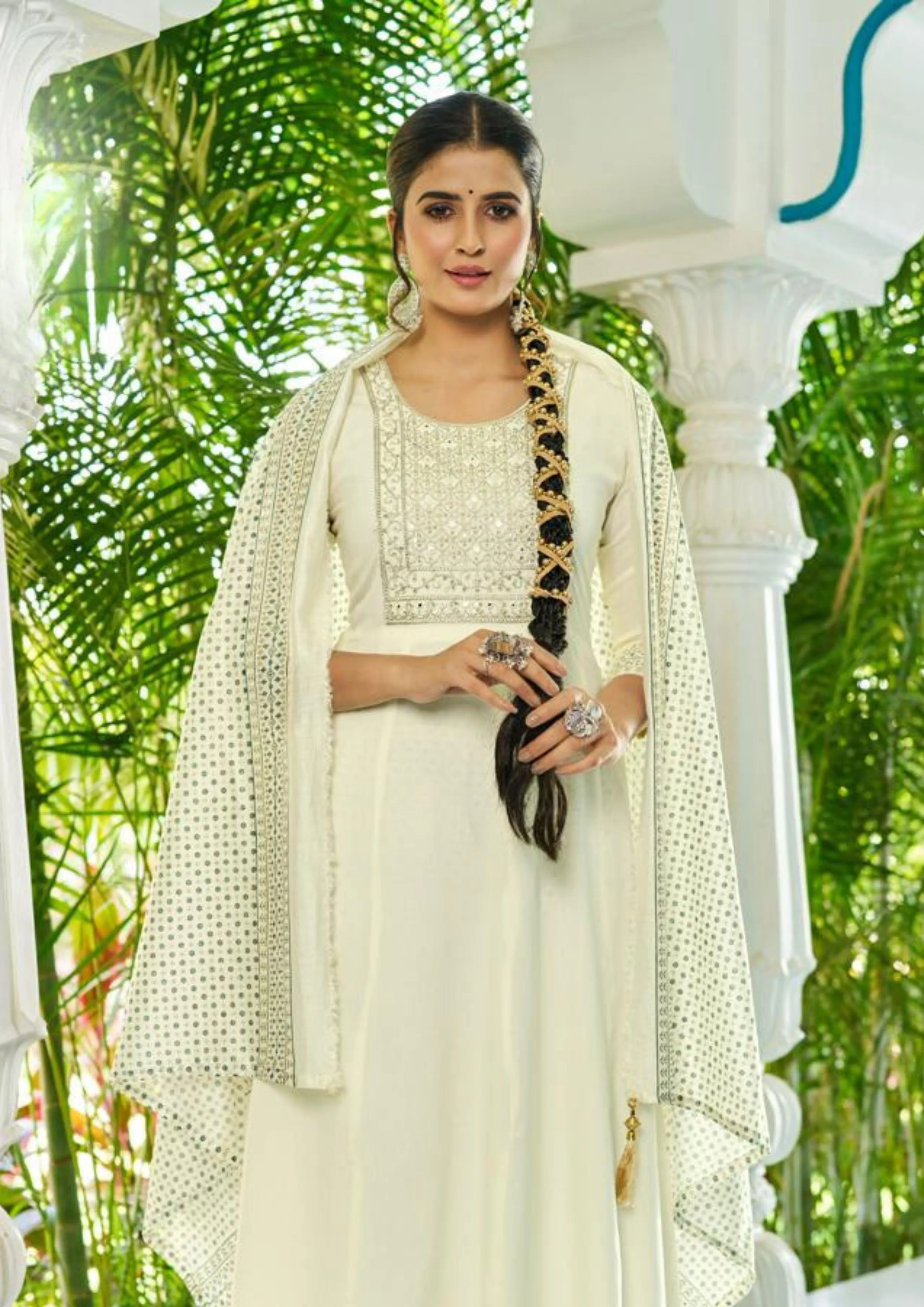 Elegant White Color Rayon Foil Print And Embroidery work Salwar Suits For Women