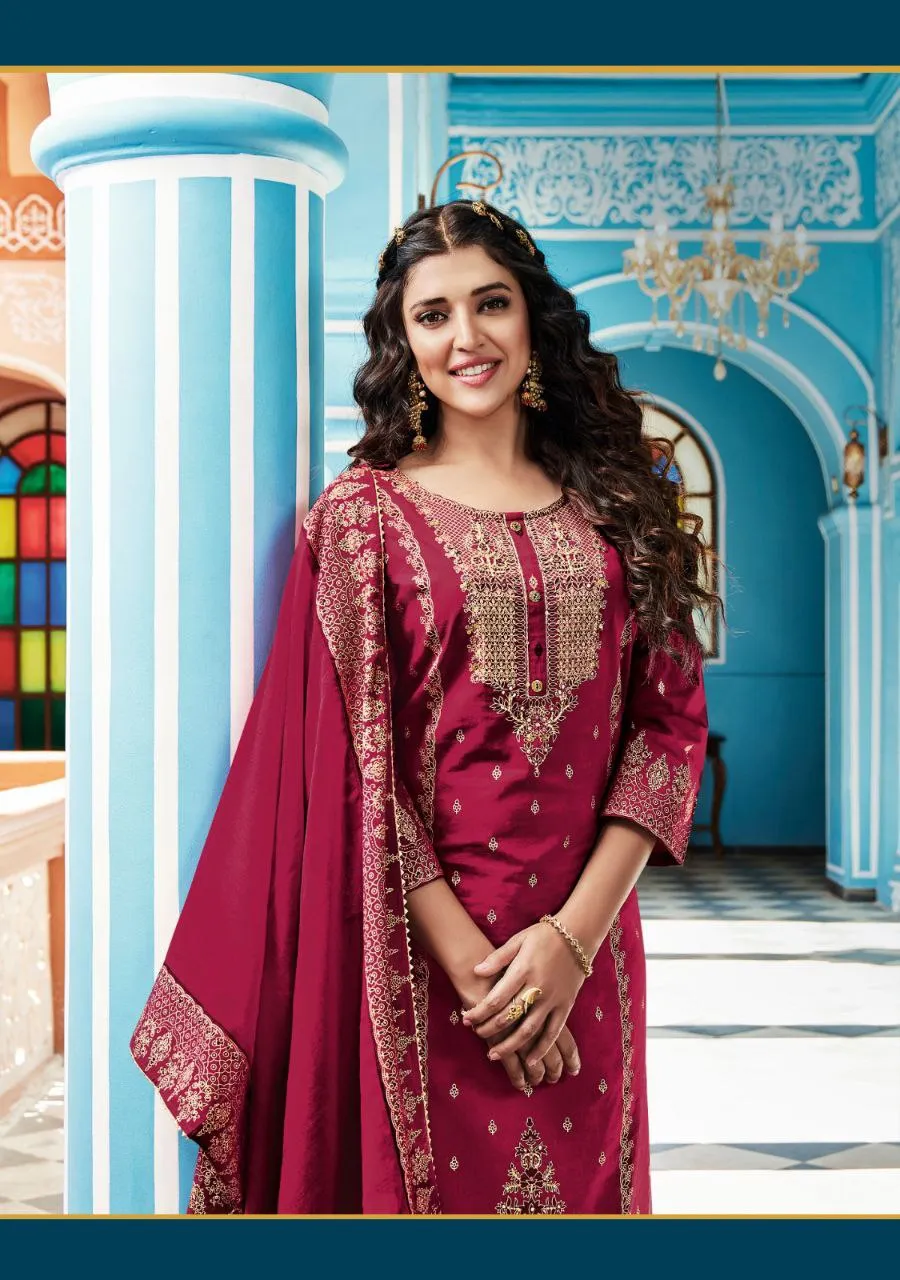 Gorgeous Dark Pink Colored Cotton Palazzo Suits With Printed Lace Work Dupatta