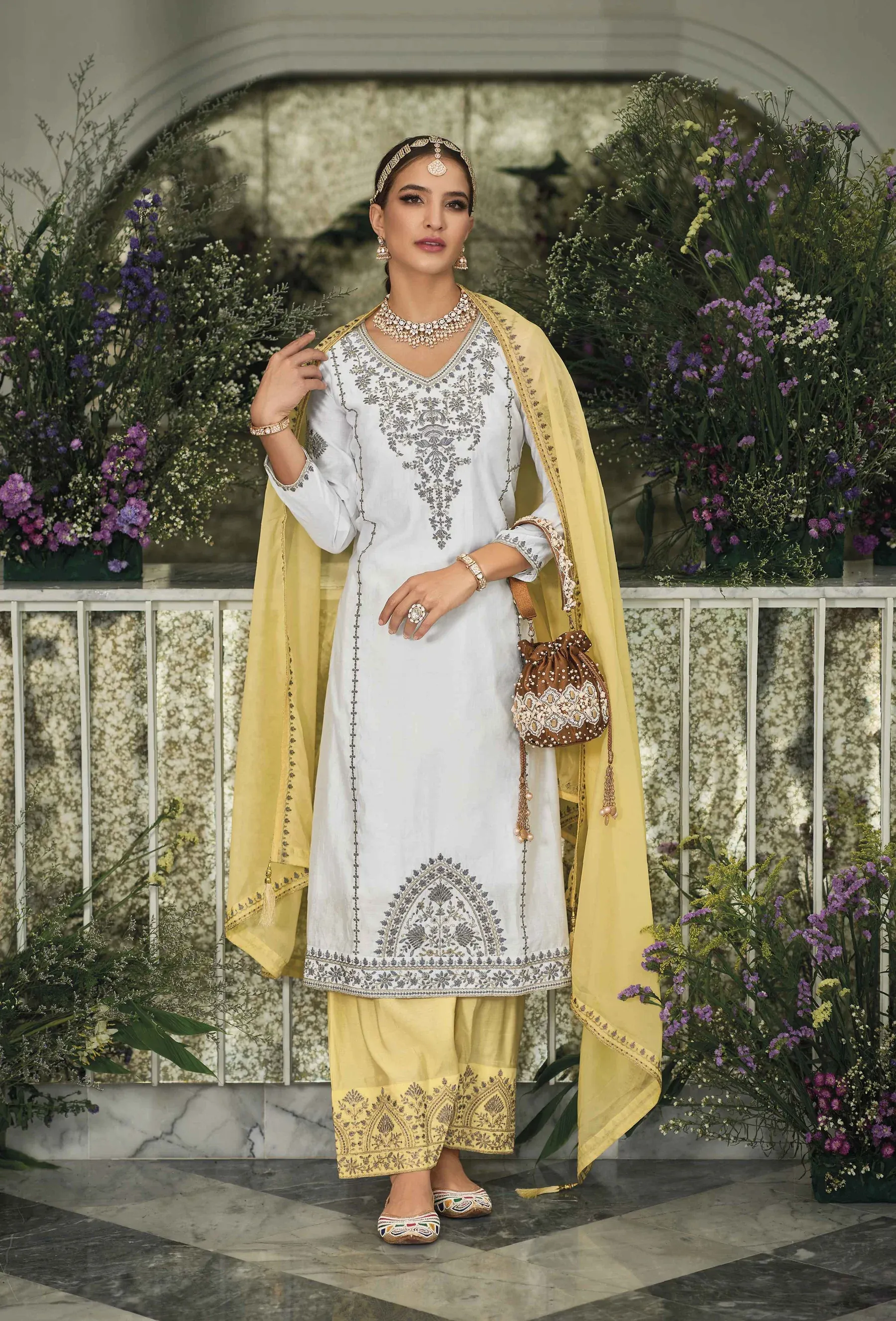 Gorgeous White Colored Premium Silk Embroidery Work Palazzo Suit For Women