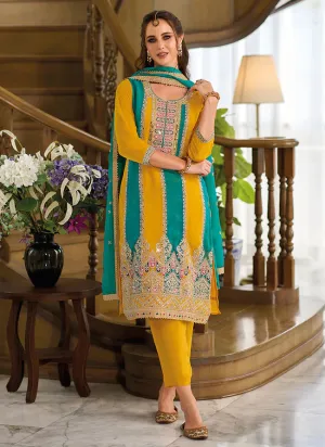 Gorgeous Yellow Color Soft Organza Diamond Embroidery Work Salwar Suits For Women