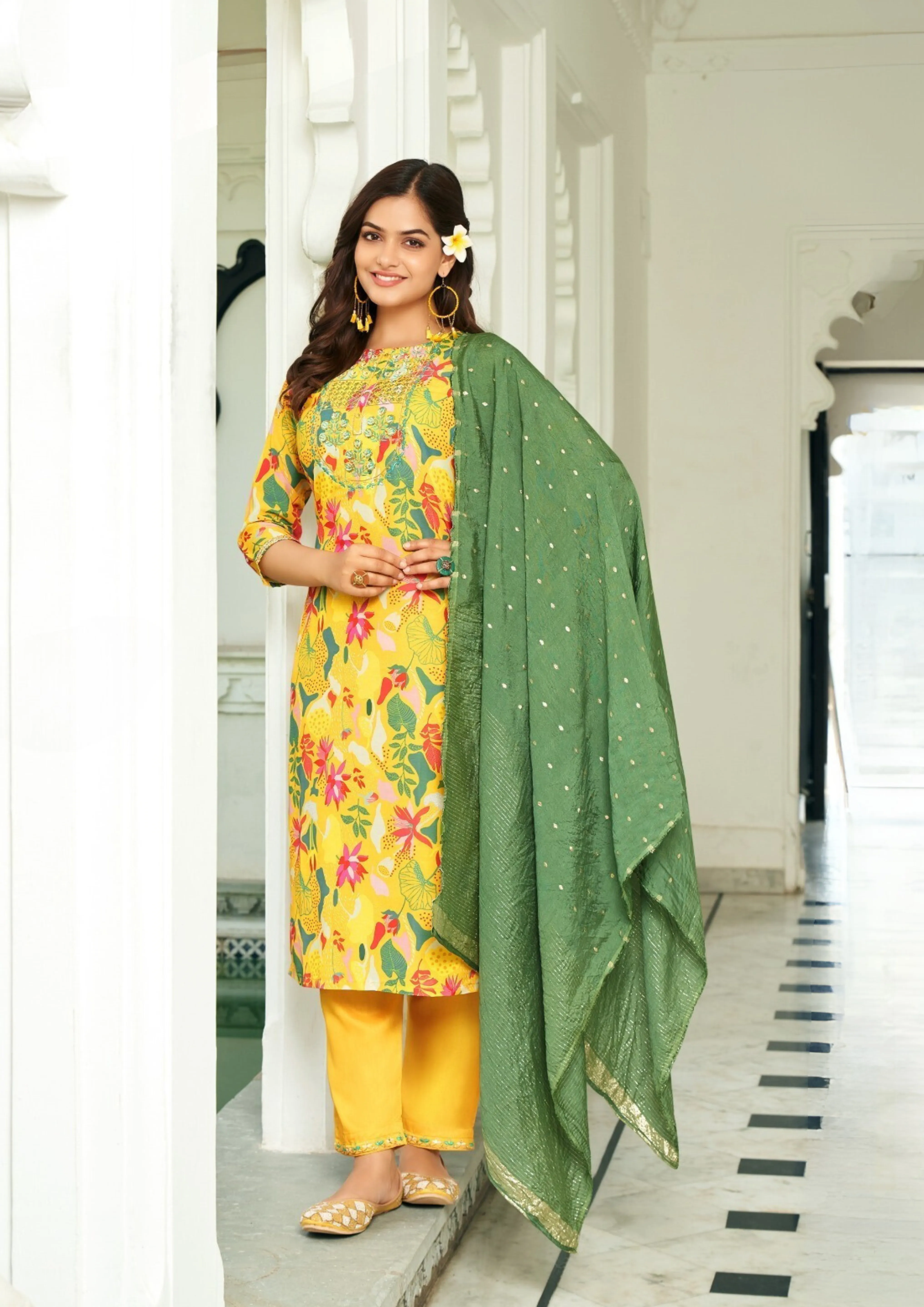 Gorgeous Yellow Color Straight Kurti With Pant And Fancy Jacquard Dupatta For Women
