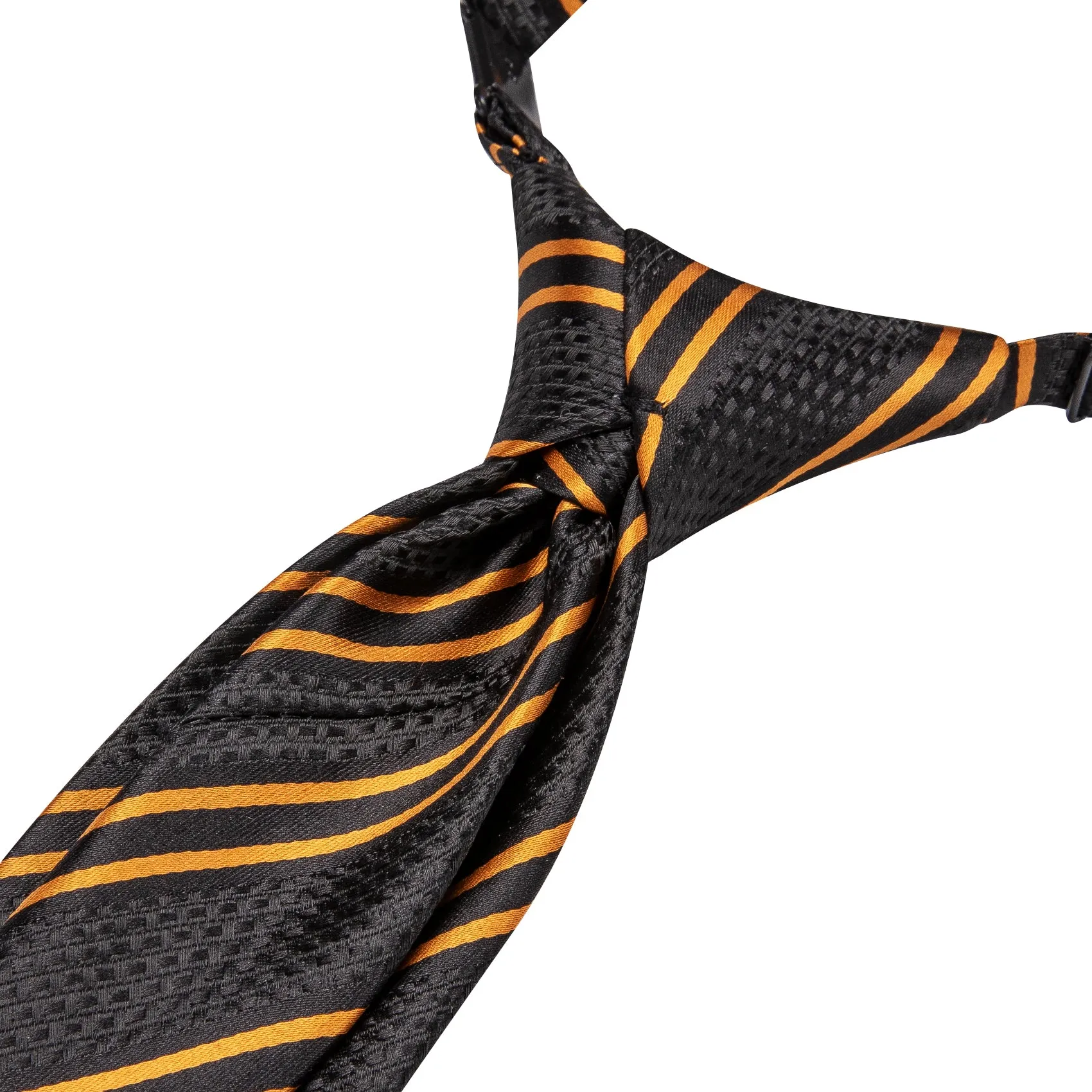 Hi-Tie Black Golden Striped Boys Pre-tied Adjustable Tie Pocket Square