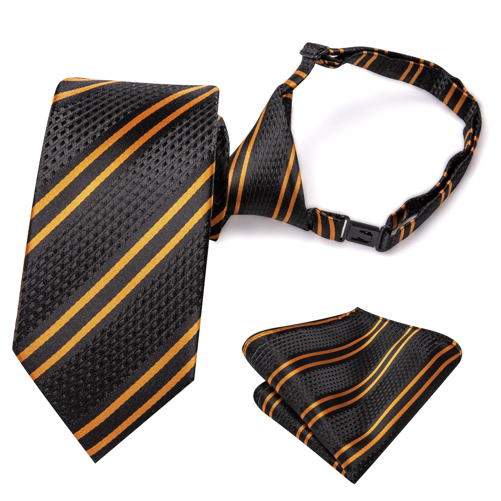 Hi-Tie Black Golden Striped Boys Pre-tied Adjustable Tie Pocket Square