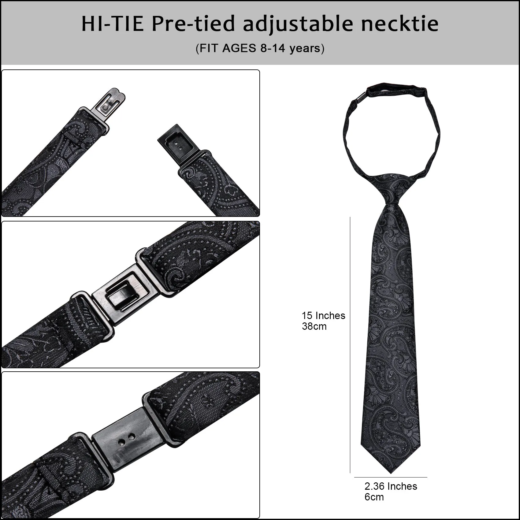Hi-Tie Black Paisley Boys Pre-tied Adjustable Kids Tie Pocket Square