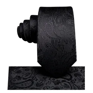 Hi-Tie Black Paisley Silk Children Neck Tie Pocket Square for Kids