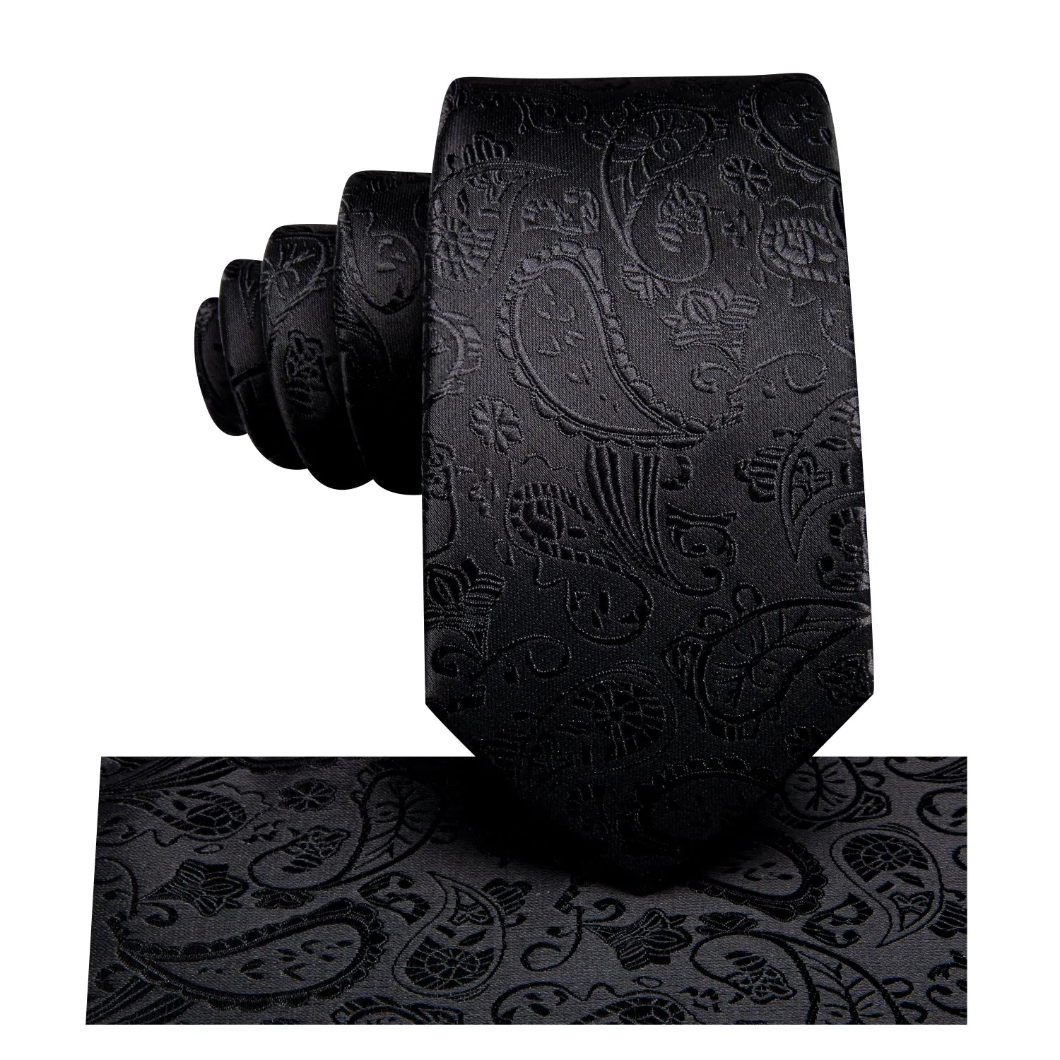 Hi-Tie Black Paisley Silk Children Neck Tie Pocket Square for Kids