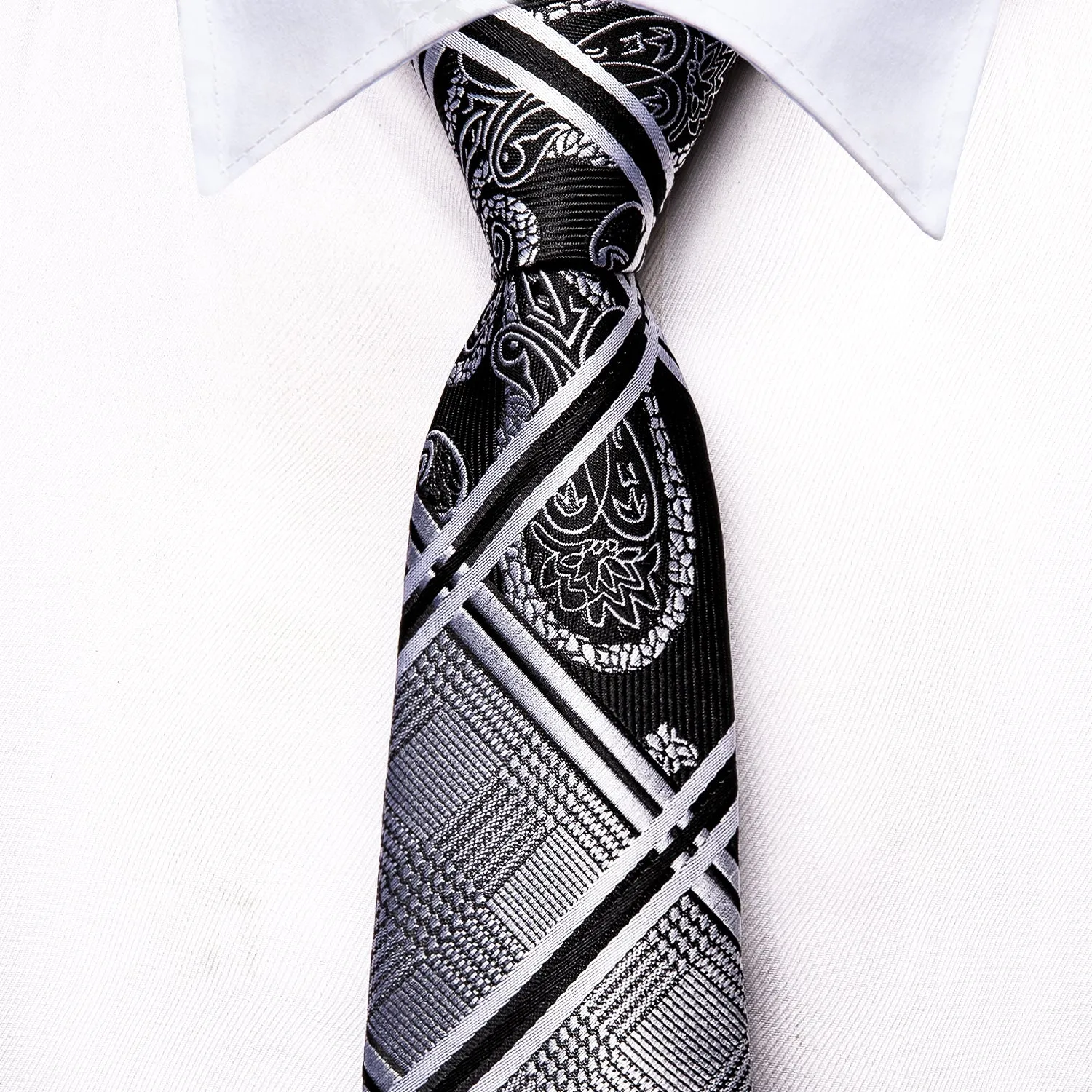 Hi-Tie Black White Paisley Children's Kids Boys Tie Pocket Square 6cm