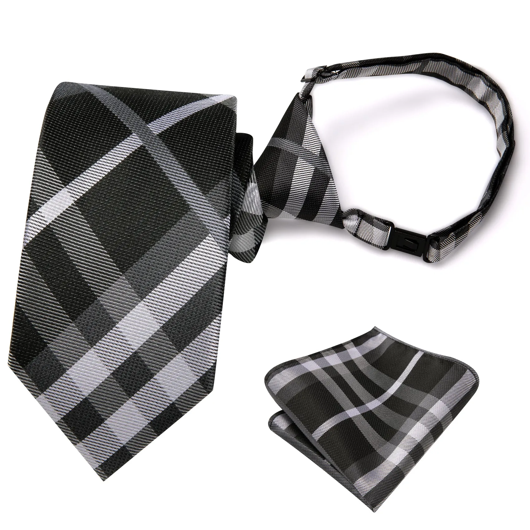Hi-Tie Black White Plaid Pre-tied Adjustable Tie Pocket Square