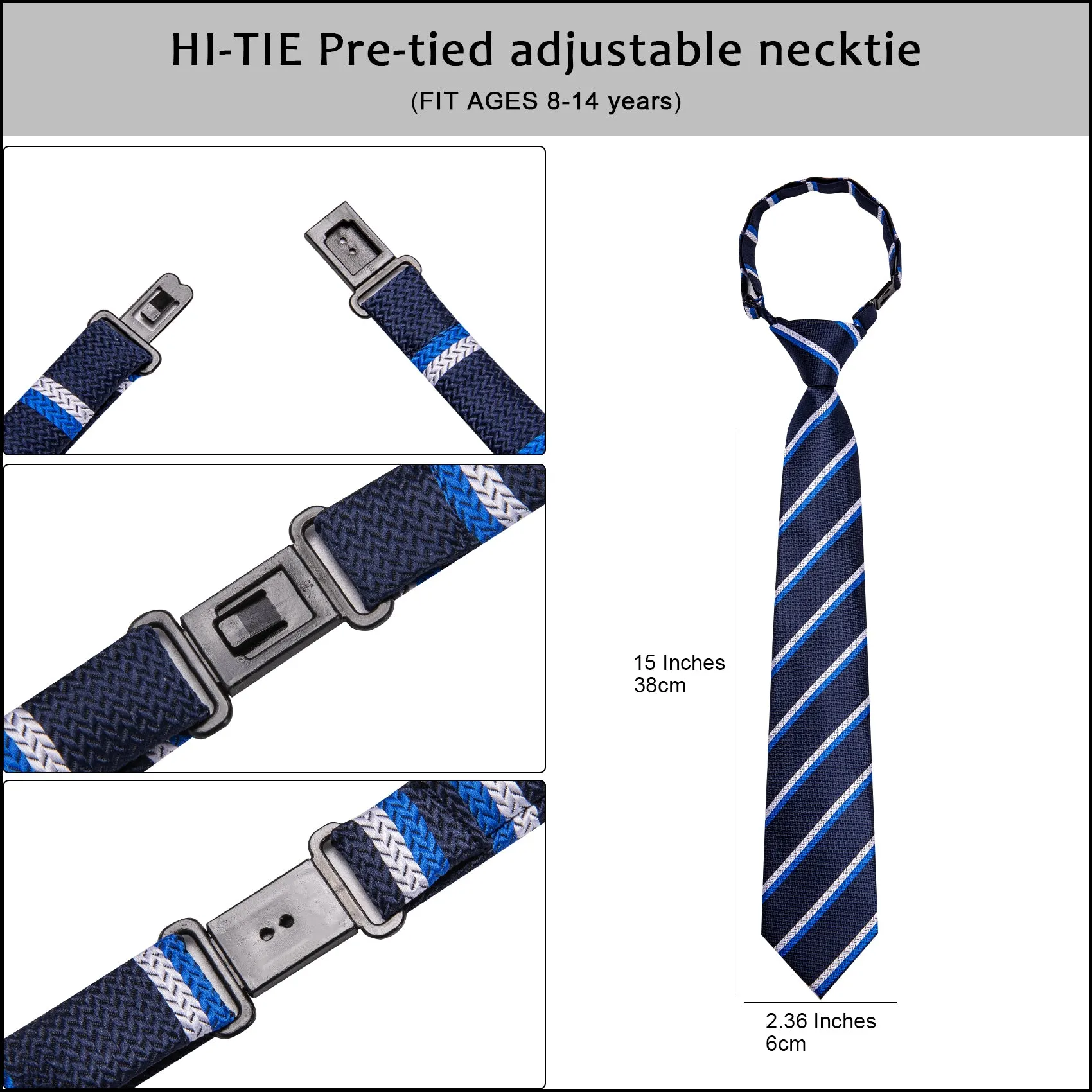 Hi-Tie Blue Striped Boys Pre-tied Adjustable Tie Pocket Square