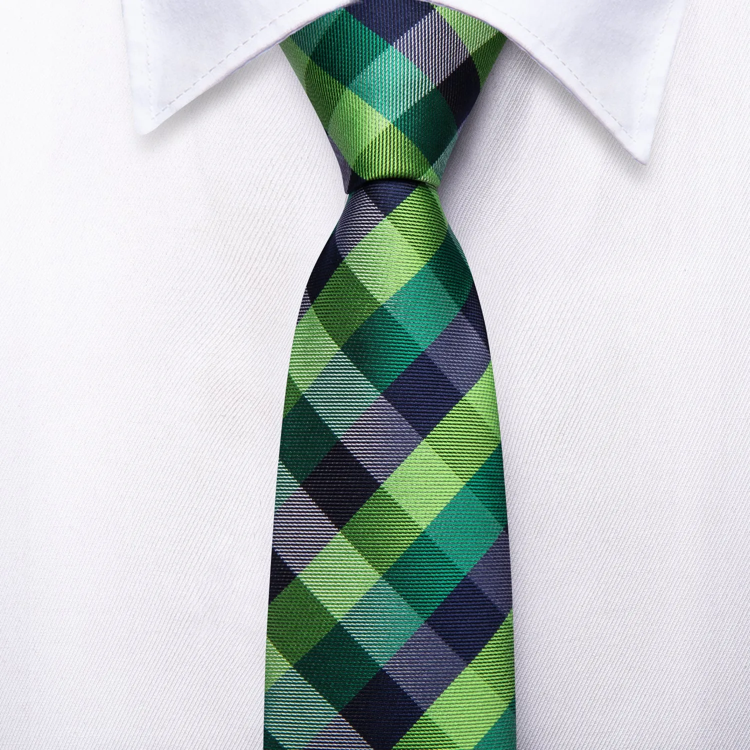 Hi-Tie Checkered Tie Green Teal Blue Plaid Kids Tie Pocket Square 6cm