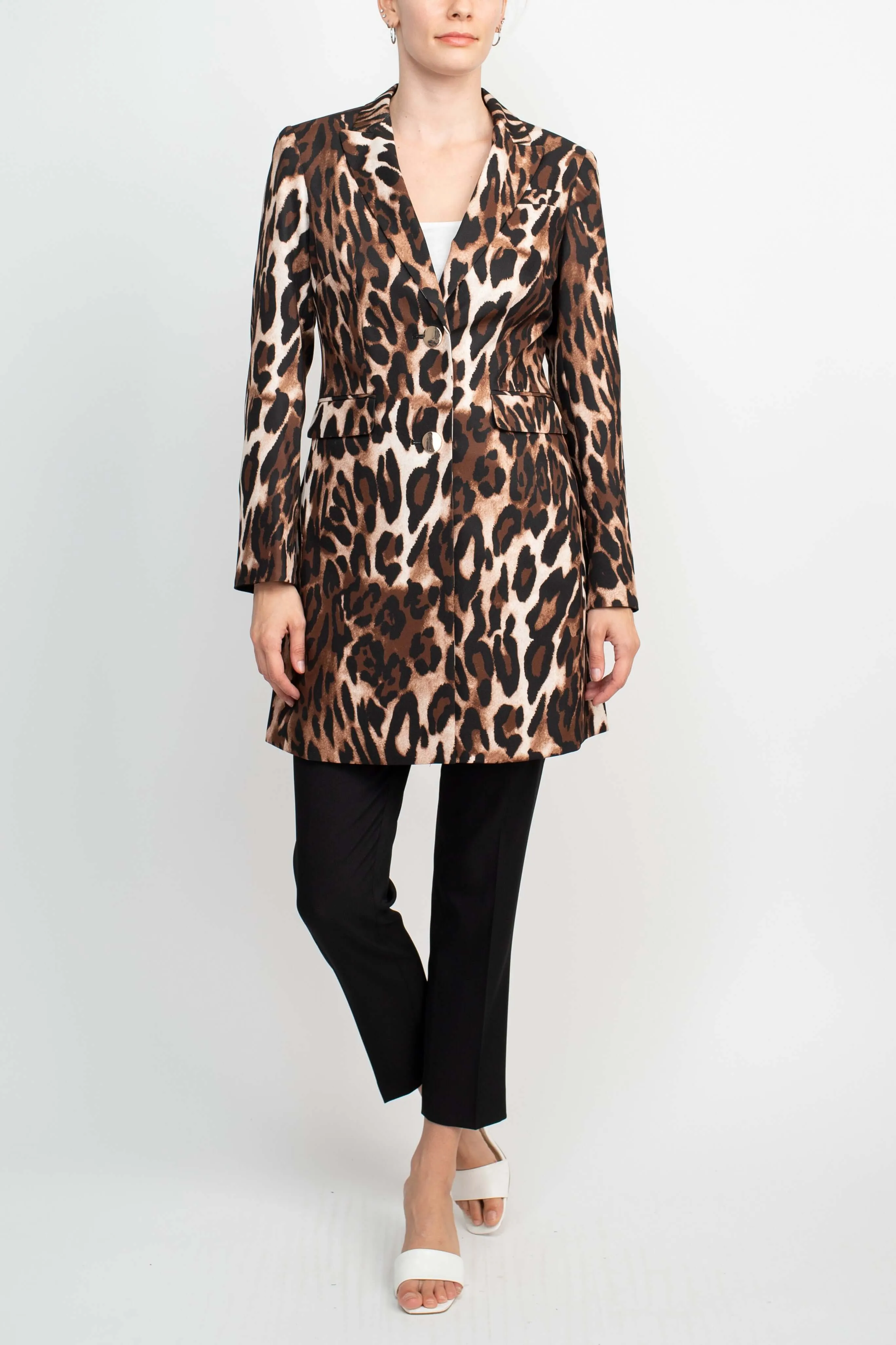 John Meyer Collection Notched Collar Long Sleeve Long Jacket Leopard Print Two Button Pockets Zipper Closure Pants Stretch Crepe Pant Set